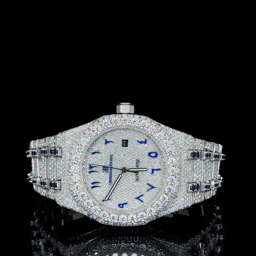 Full Iced-Out White & Bule Ruby With Blue Arabic Dial Moissanite Diamond Regular price By CrownIce